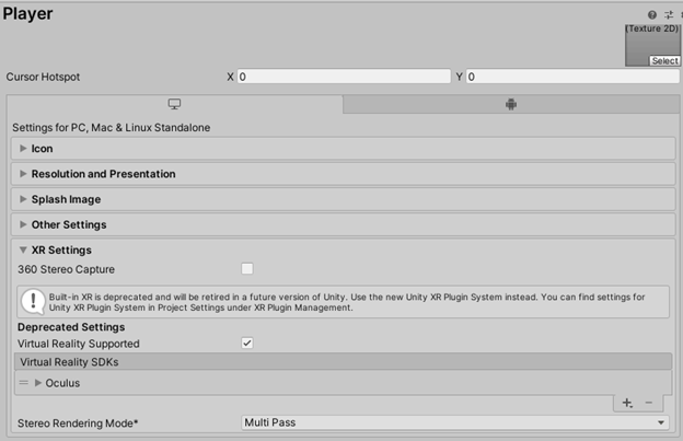 Oculus SDK - Player Settings