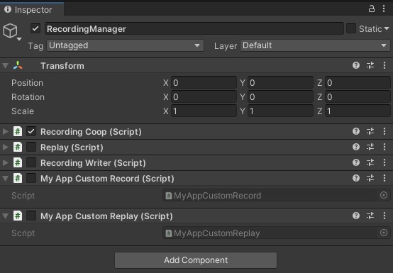 The RecordingManager GameObject after adding custom record and replay scripts in your application.