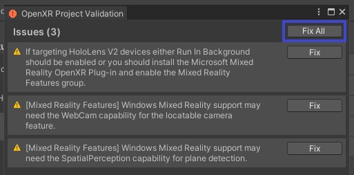 Fixing issues using the OpenXR Project Validation window