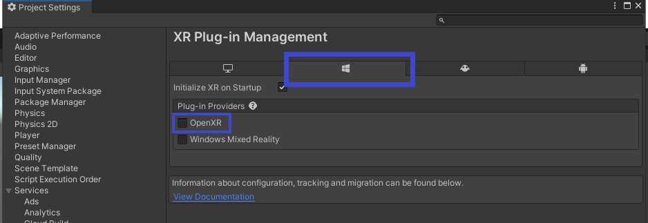 XR Plugin Management for UWP OpenXR