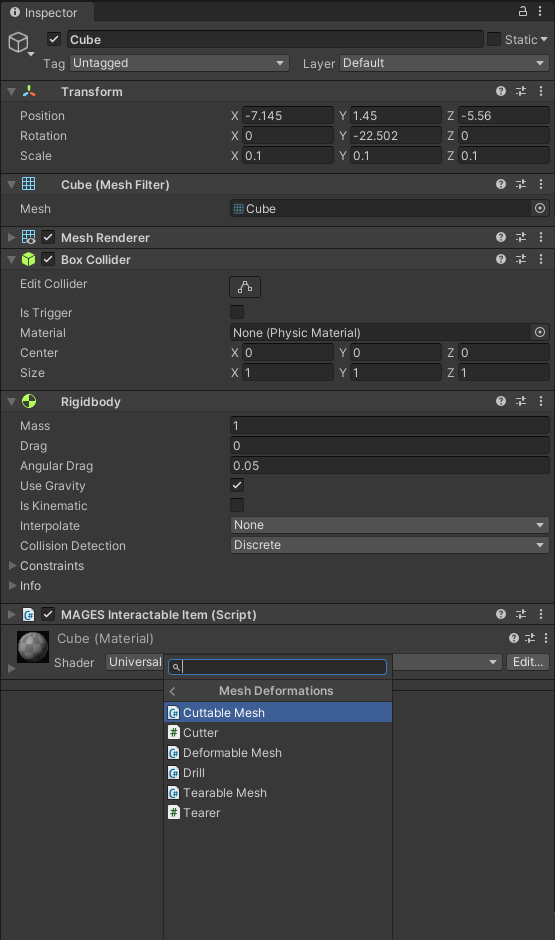The add Component Menu in the Mesh Deformations Category.