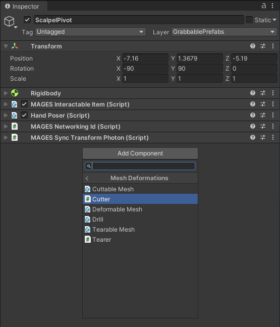 The add Component Menu in the Mesh Deformations Category.