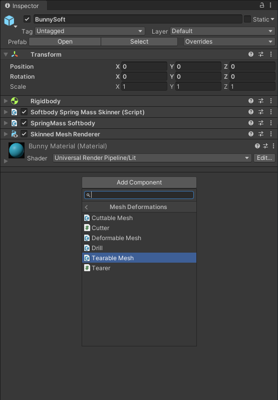 The add Component Menu in the Mesh Deformations Category.