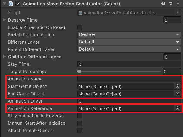 The important fields of the Animation Move Prefab Constructor
