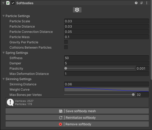 Image Showing the Inspector of the Simulation Part for the Softbody Spring Mass